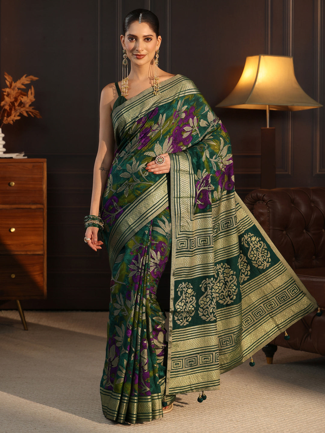  Libas Green Floral Woven Design Silk Blend Saree 