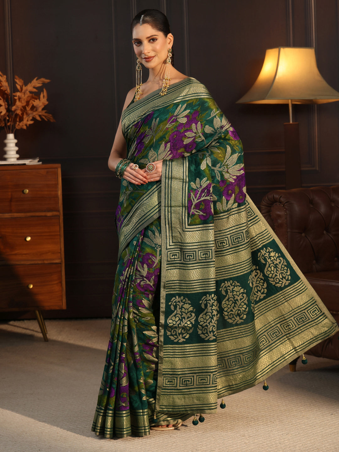  Libas Green Floral Woven Design Silk Blend Saree 