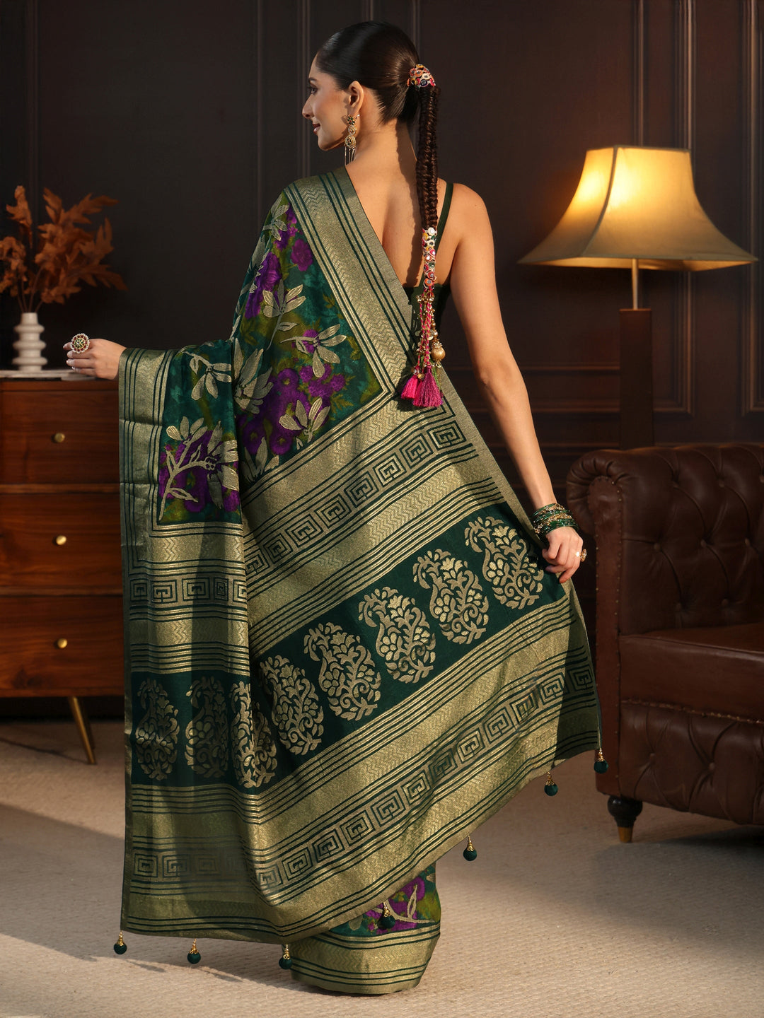 Libas Green Floral Woven Design Silk Blend Saree 