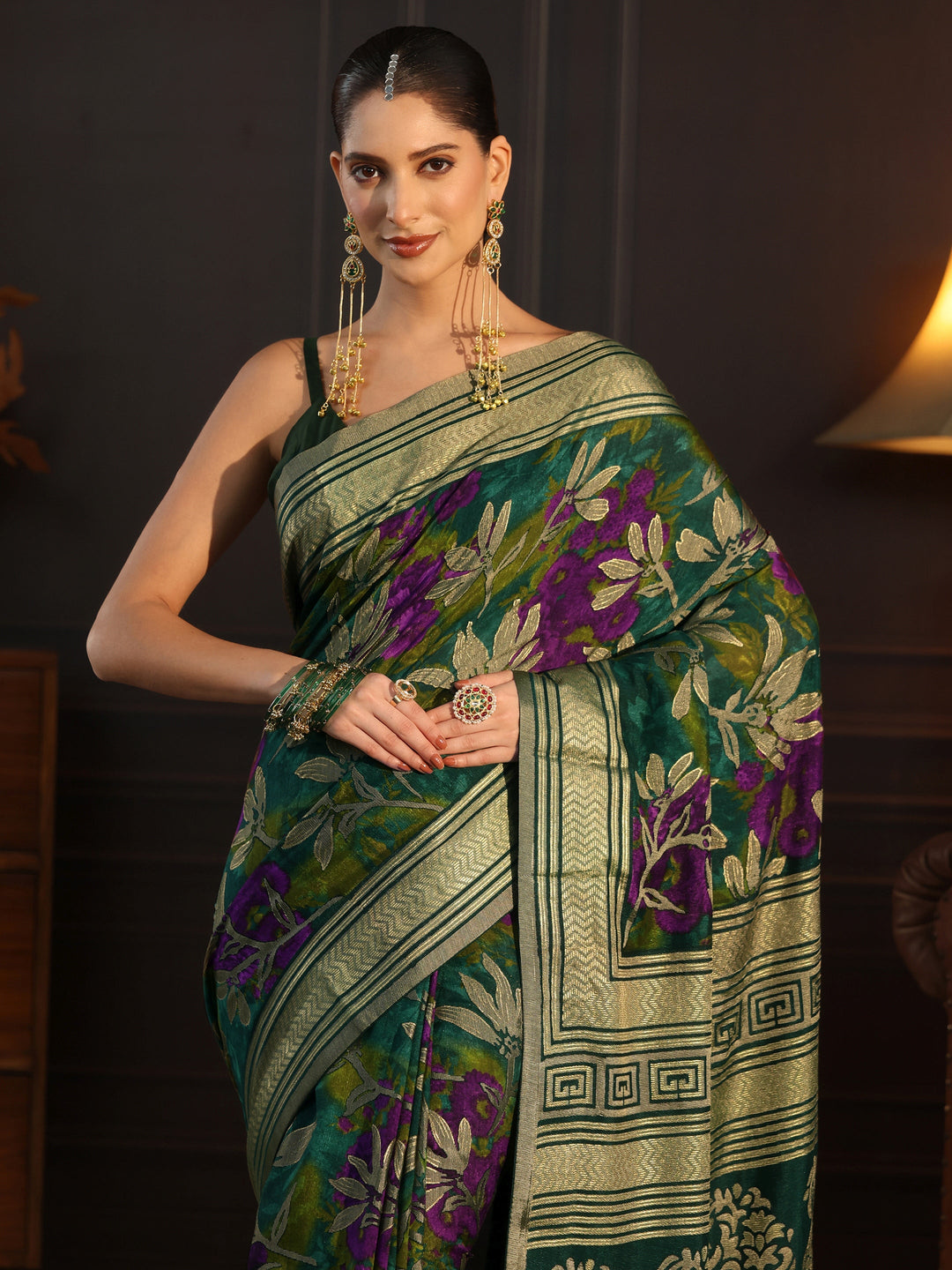  Libas Green Floral Woven Design Silk Blend Saree 