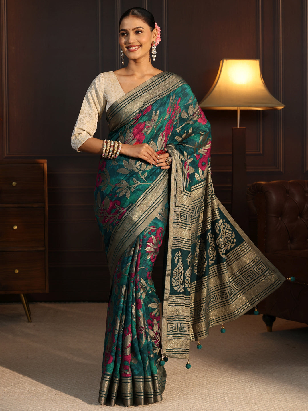  Libas Sea Green Floral Woven Design Silk Blend Saree 