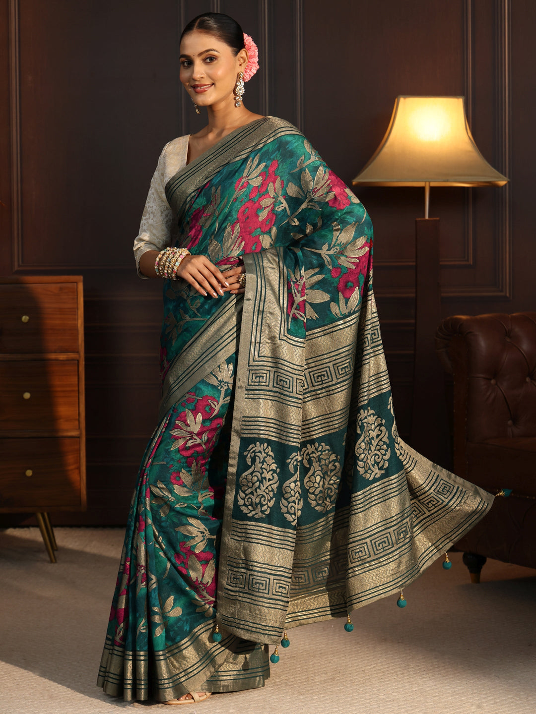 Libas Sea Green Floral Woven Design Silk Blend Saree 