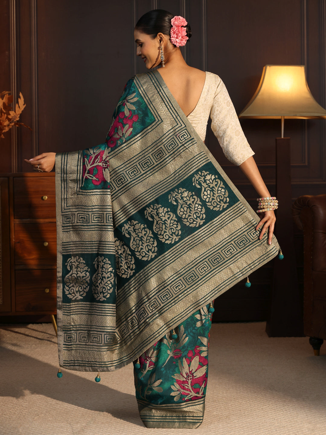  Libas Sea Green Floral Woven Design Silk Blend Saree 