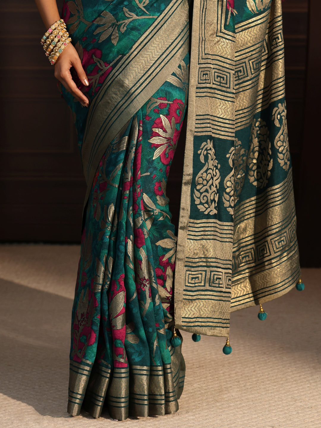  Libas Sea Green Floral Woven Design Silk Blend Saree 