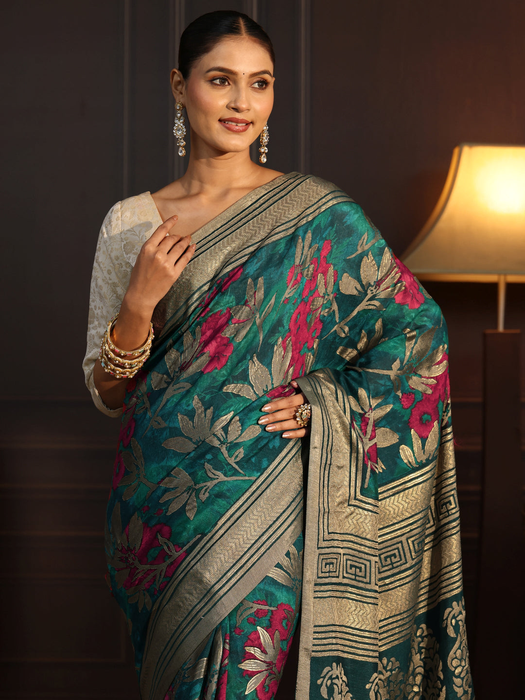  Libas Sea Green Floral Woven Design Silk Blend Saree 
