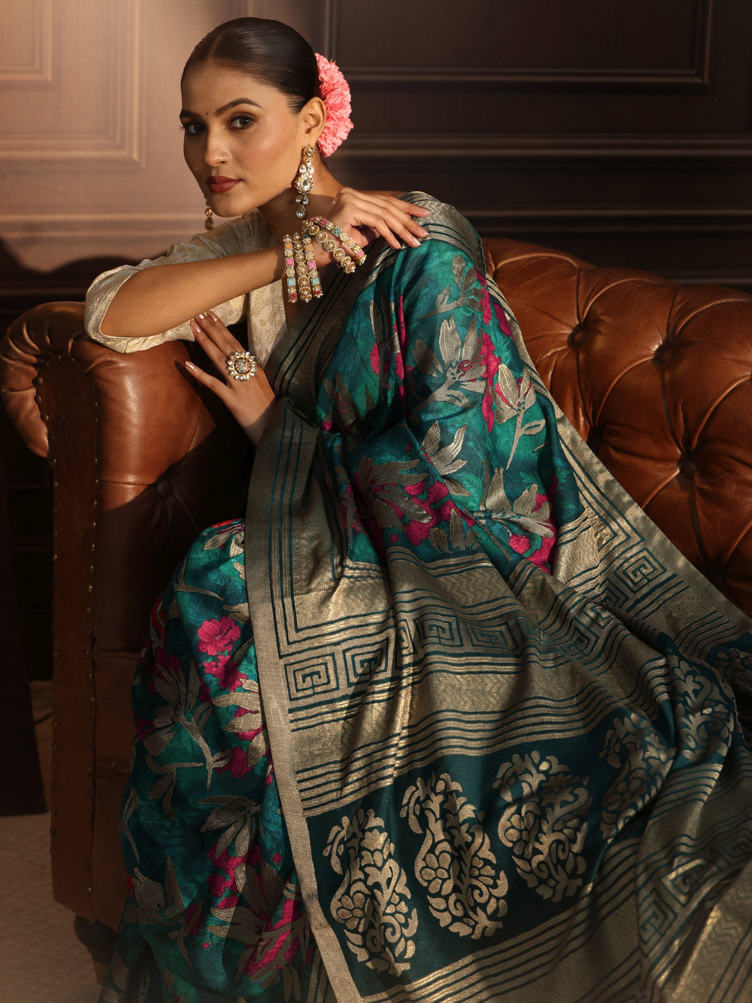  Libas Sea Green Floral Woven Design Silk Blend Saree 