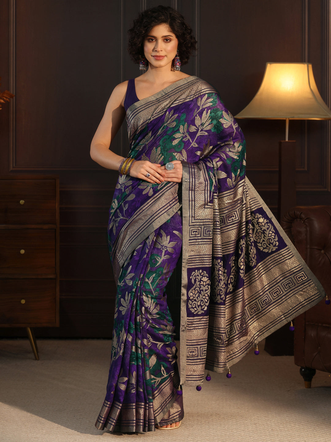  Libas Royal Purple Floral Woven Design Silk Blend Saree 