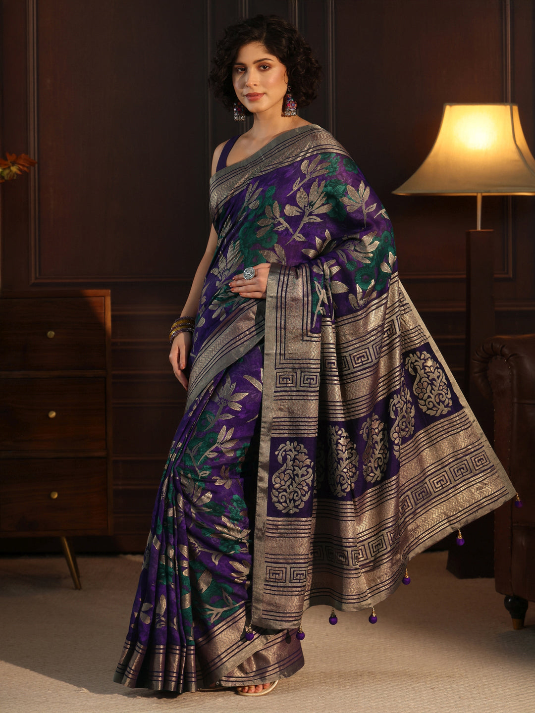  Libas Royal Purple Floral Woven Design Silk Blend Saree 