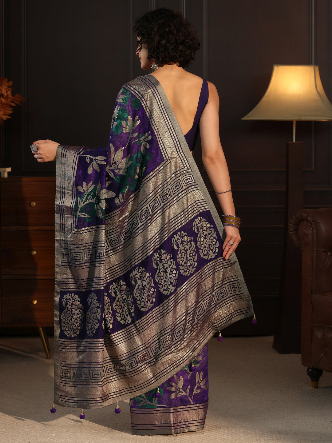  Libas Royal Purple Floral Woven Design Silk Blend Saree 