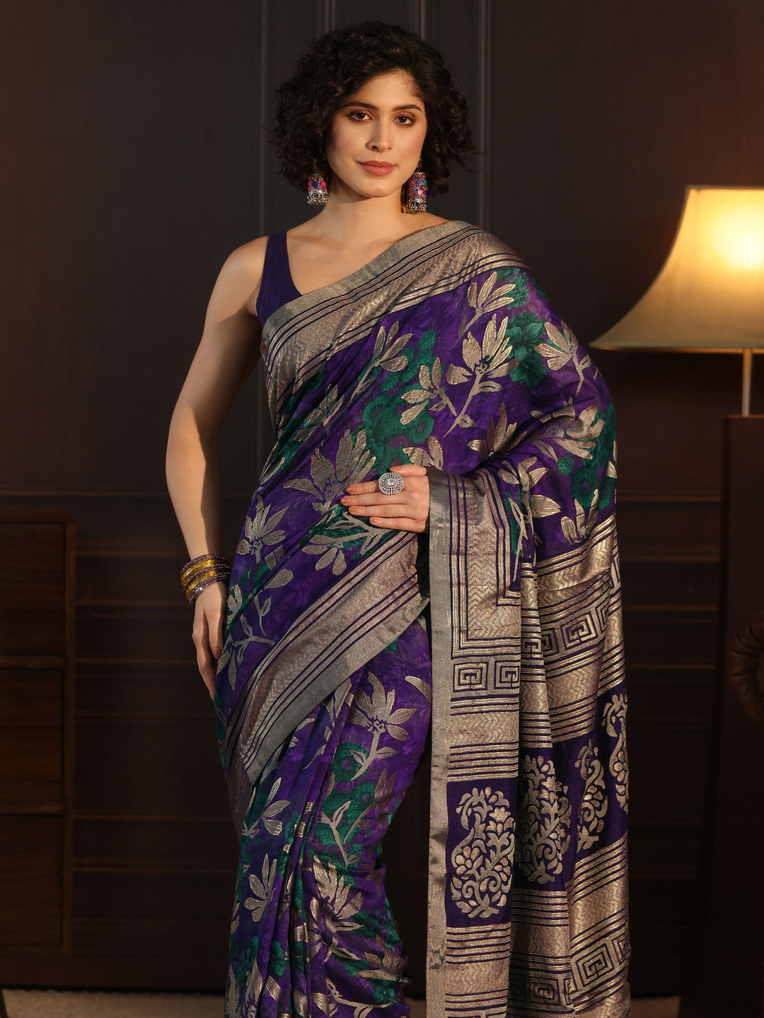  Libas Royal Purple Floral Woven Design Silk Blend Saree 