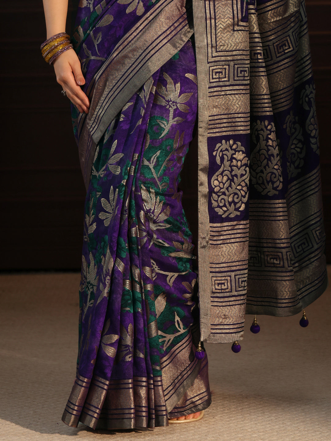  Libas Royal Purple Floral Woven Design Silk Blend Saree 