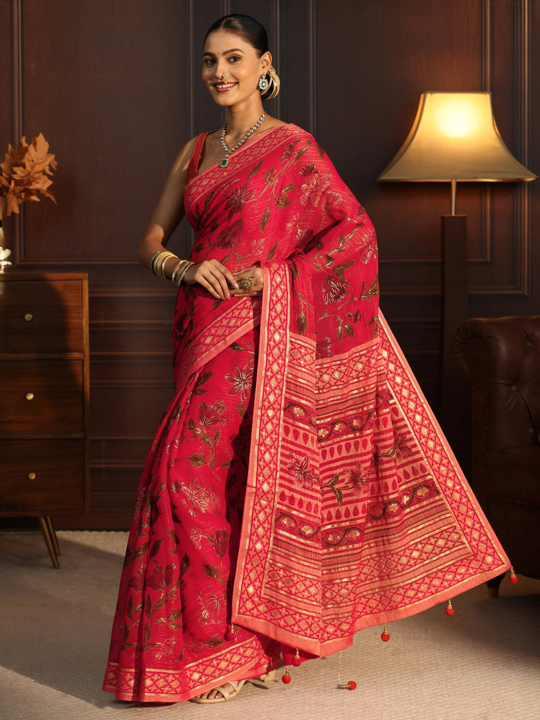  Libas Ruby Red Floral Printed Silk Blend Saree 