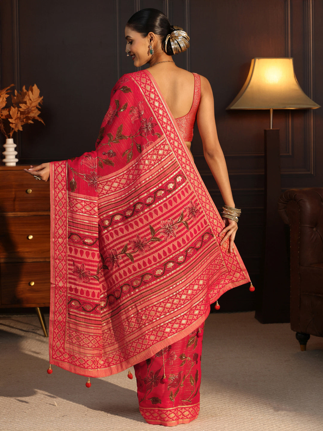  Libas Ruby Red Floral Printed Silk Blend Saree 