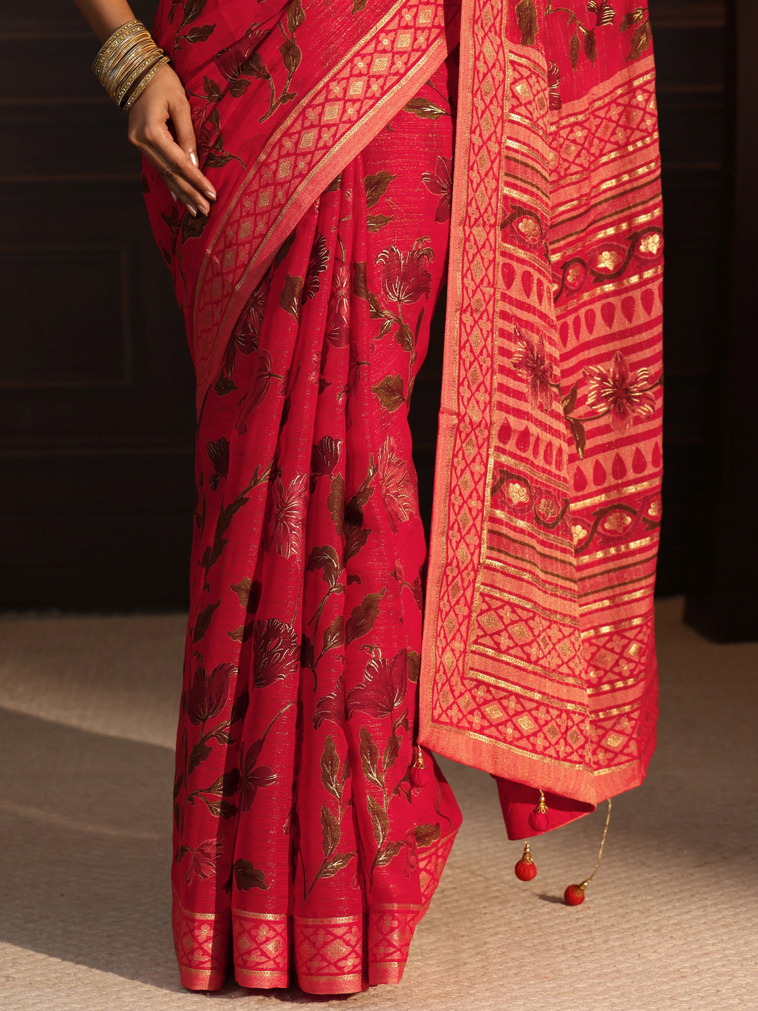  Libas Ruby Red Floral Printed Silk Blend Saree 