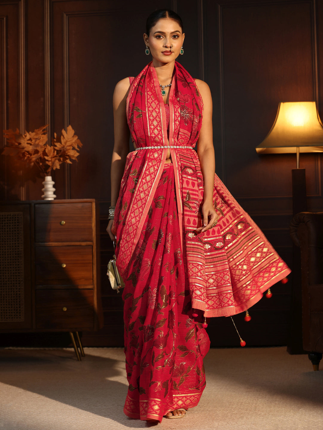  Libas Ruby Red Floral Printed Silk Blend Saree 