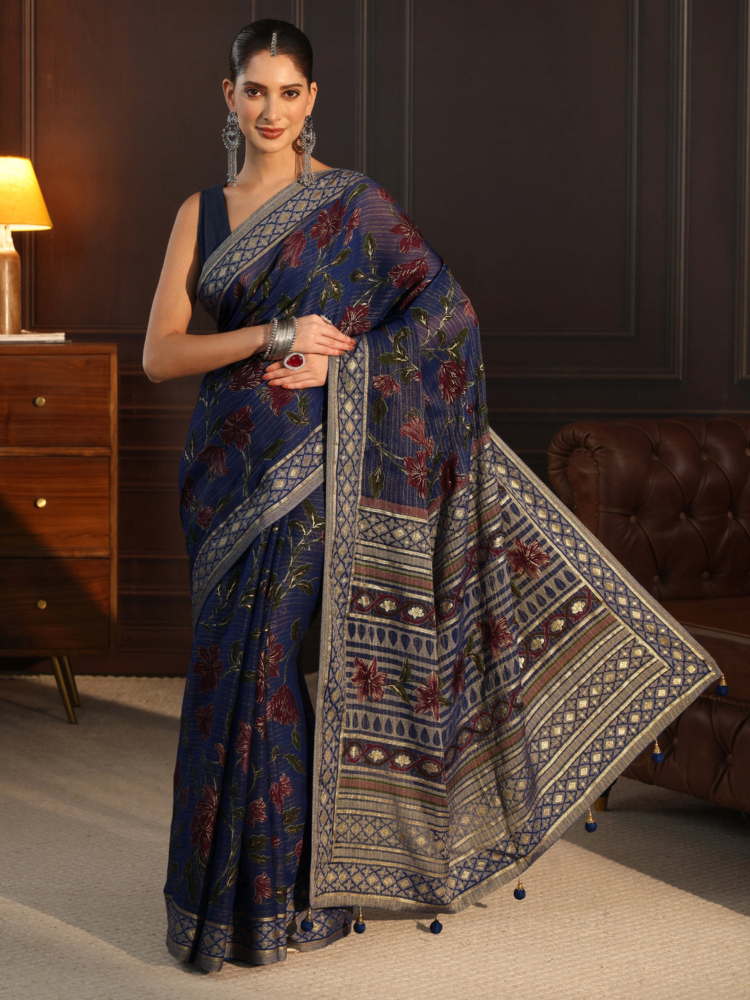  Libas Navy Blue Floral Printed Silk Blend Saree 