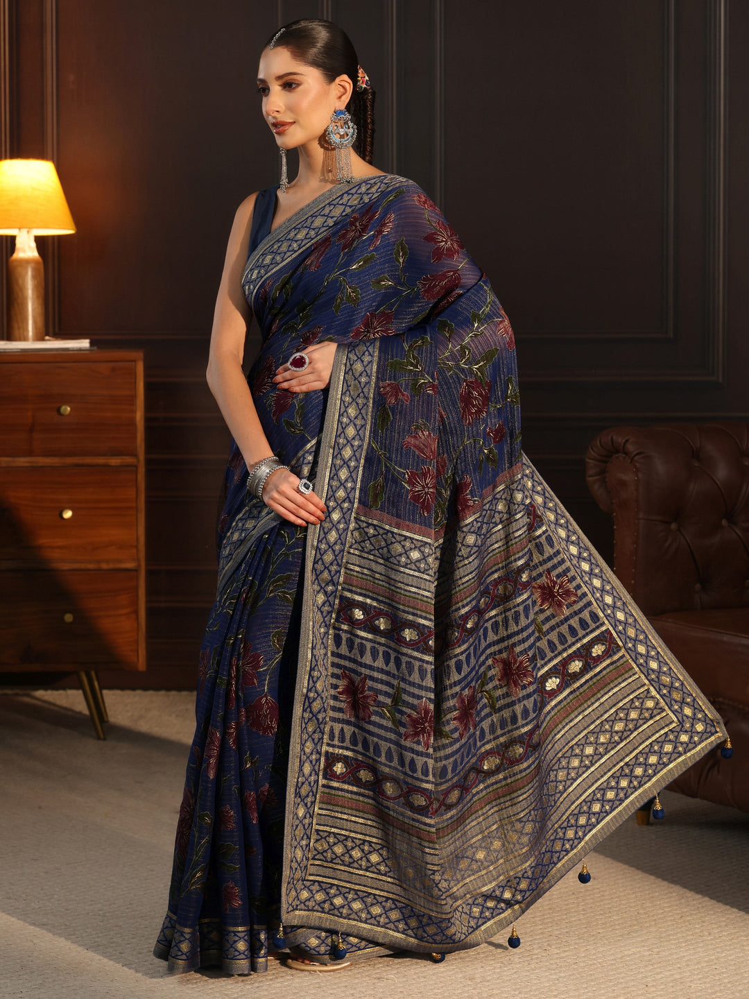  Libas Navy Blue Floral Printed Silk Blend Saree 