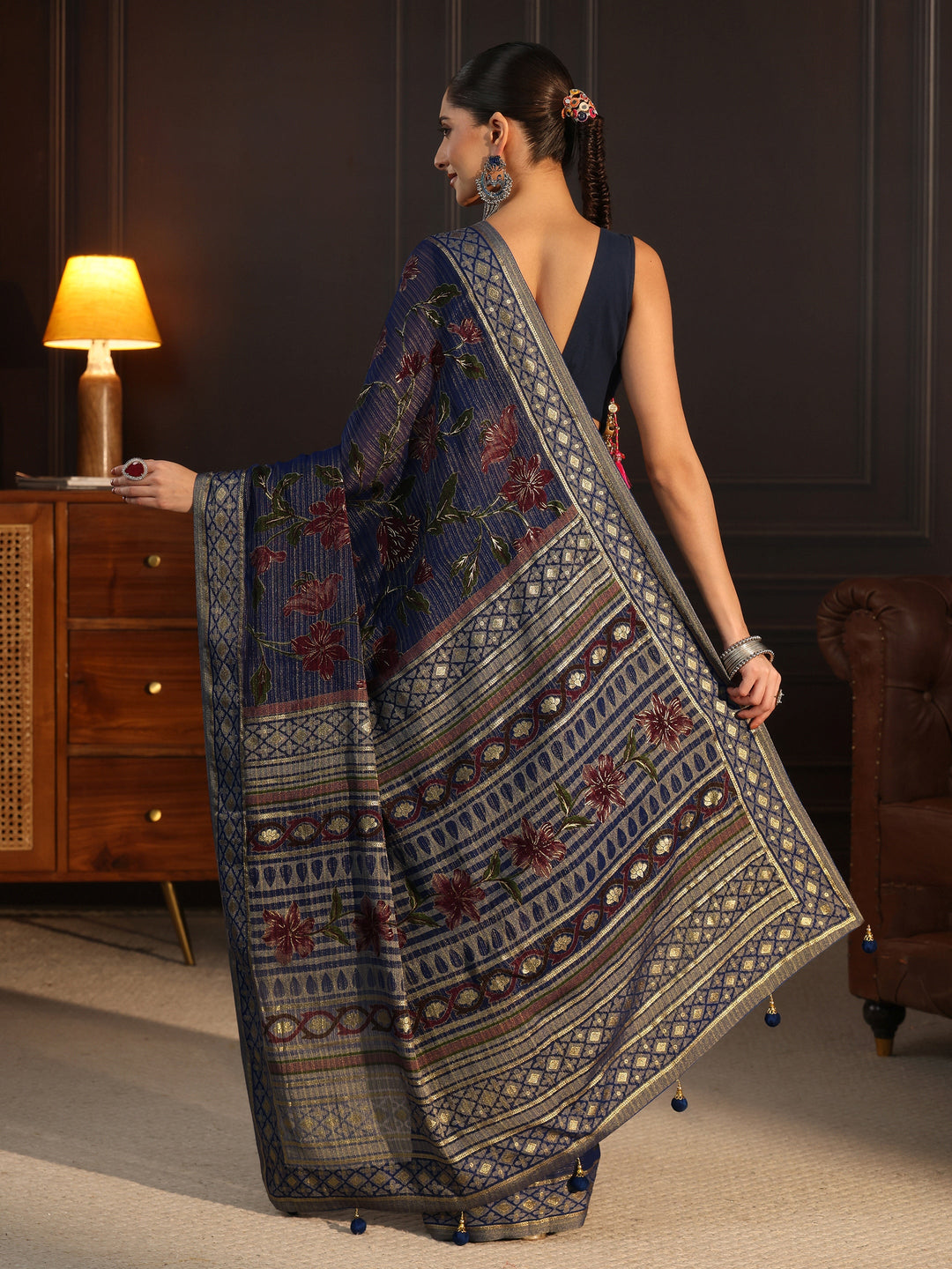  Libas Navy Blue Floral Printed Silk Blend Saree 