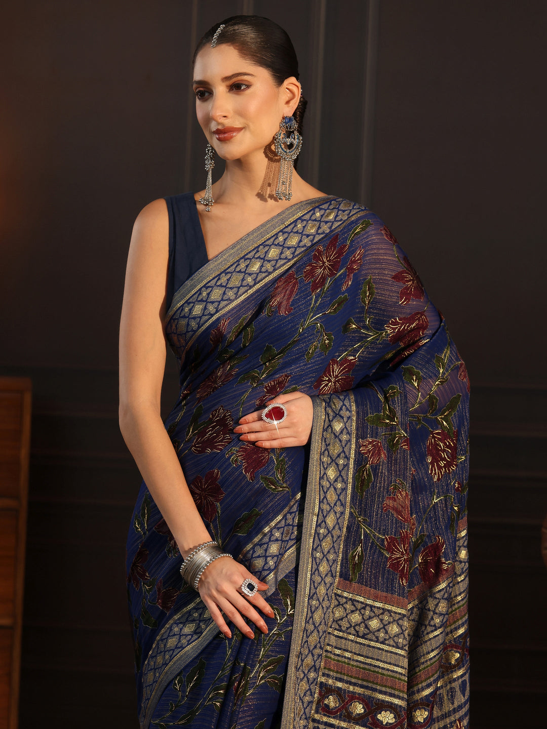  Libas Navy Blue Floral Printed Silk Blend Saree 