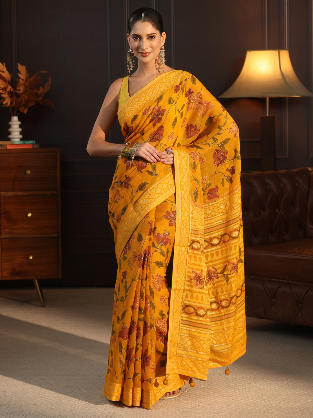  Libas Mustard Floral Printed Silk Blend Saree 