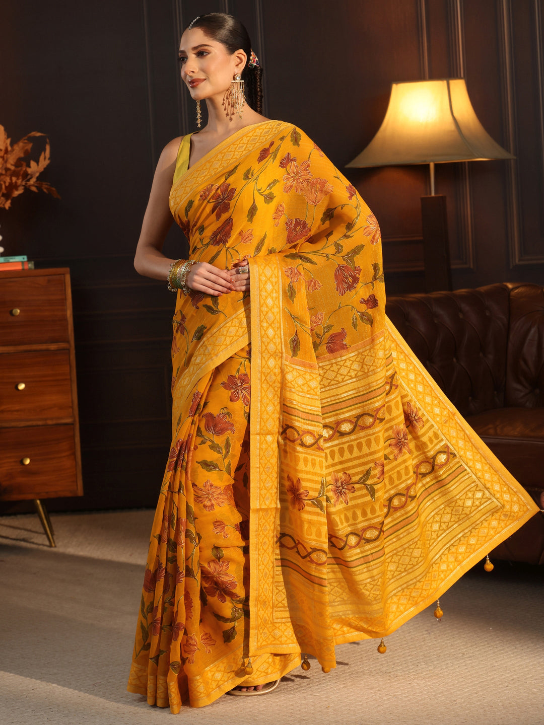  Libas Mustard Floral Printed Silk Blend Saree 