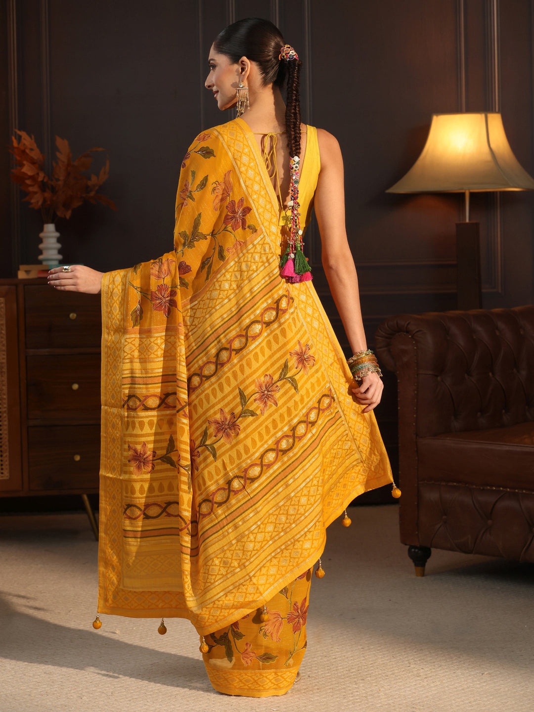  Libas Mustard Floral Printed Silk Blend Saree 