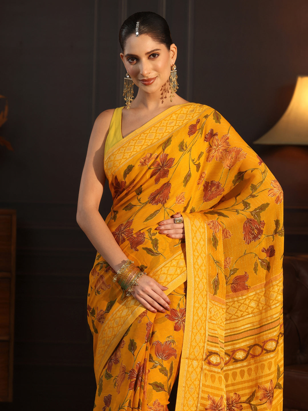  Libas Mustard Floral Printed Silk Blend Saree 