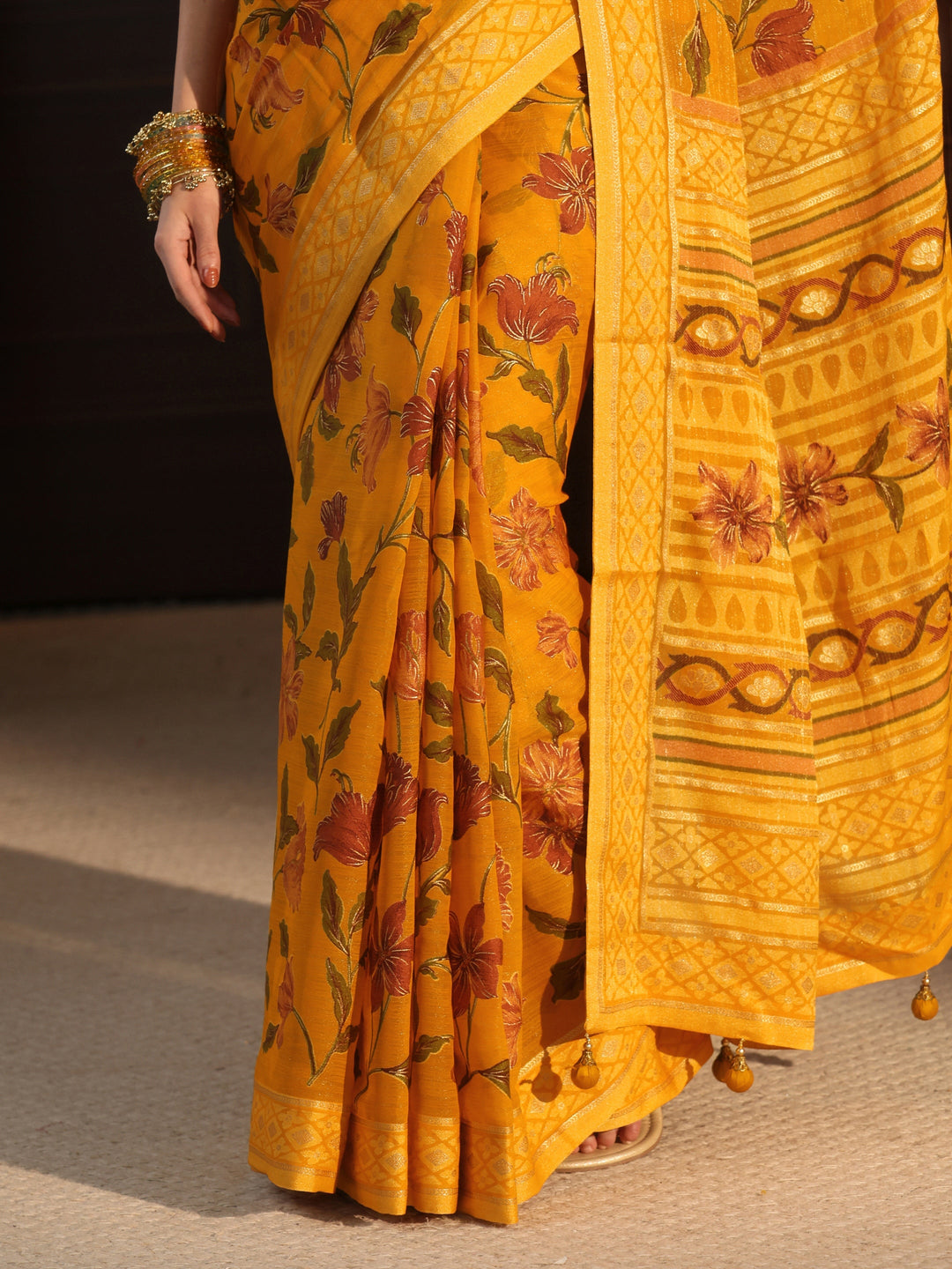  Libas Mustard Floral Printed Silk Blend Saree 