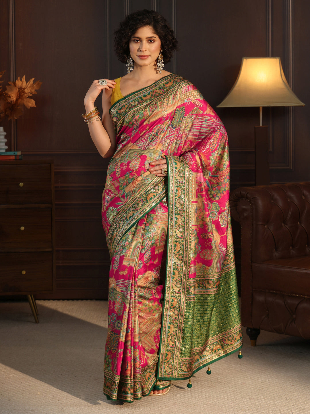  Libas Pink and Green Mughal Printed Silk Blend Saree 
