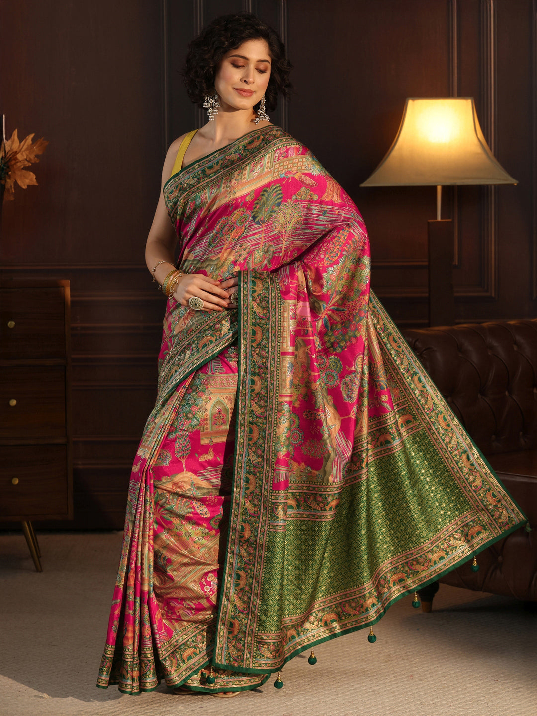 Libas Pink and Green Mughal Printed Silk Blend Saree 