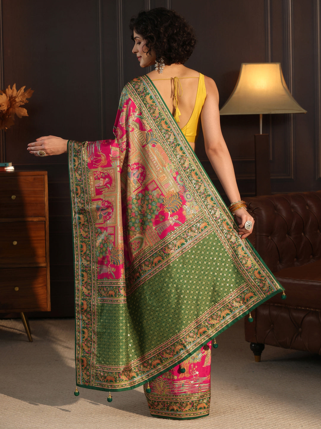  Libas Pink and Green Mughal Printed Silk Blend Saree 