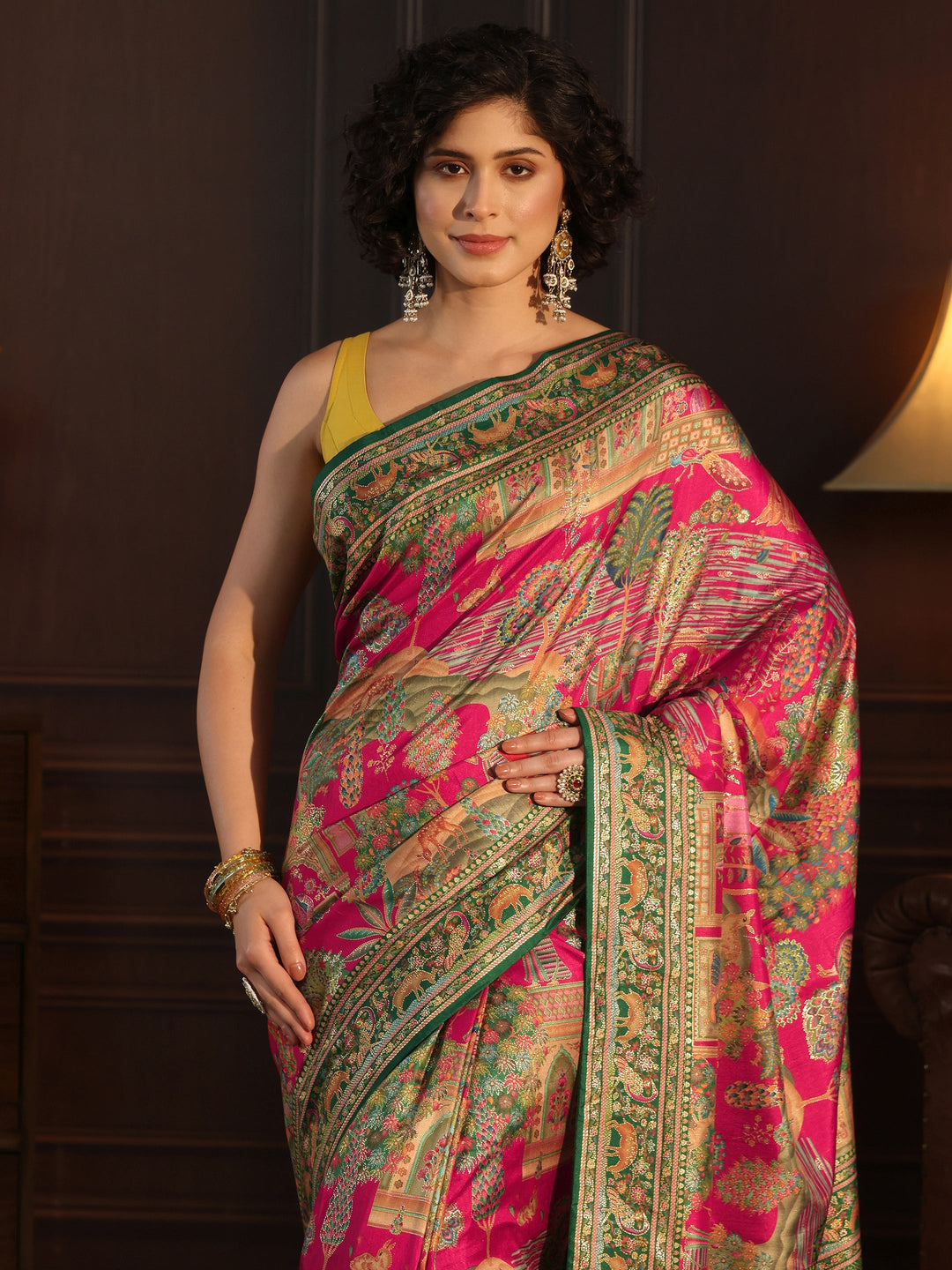  Libas Pink and Green Mughal Printed Silk Blend Saree 