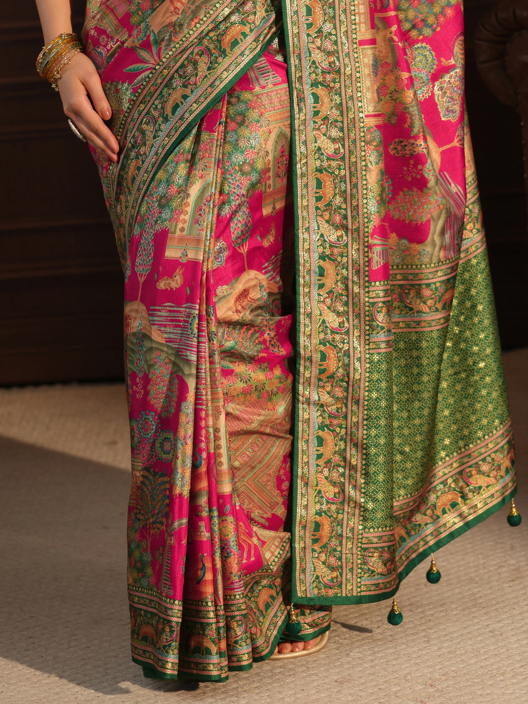  Libas Pink and Green Mughal Printed Silk Blend Saree 