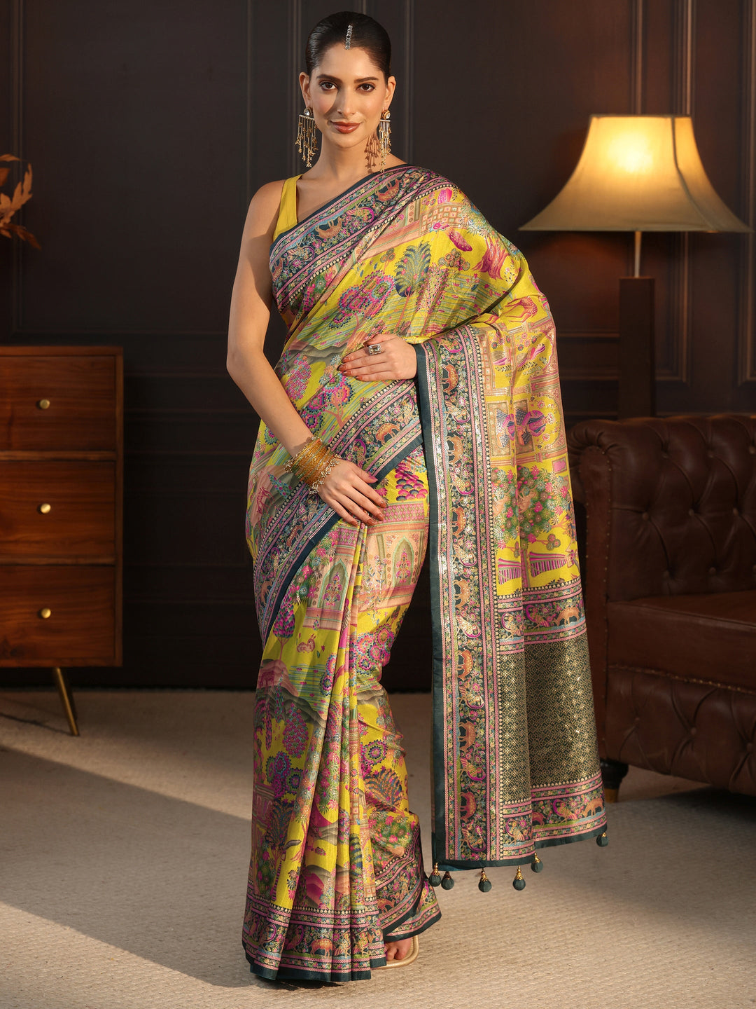  Libas Mustard and Green Mughal Printed Silk Blend Saree 