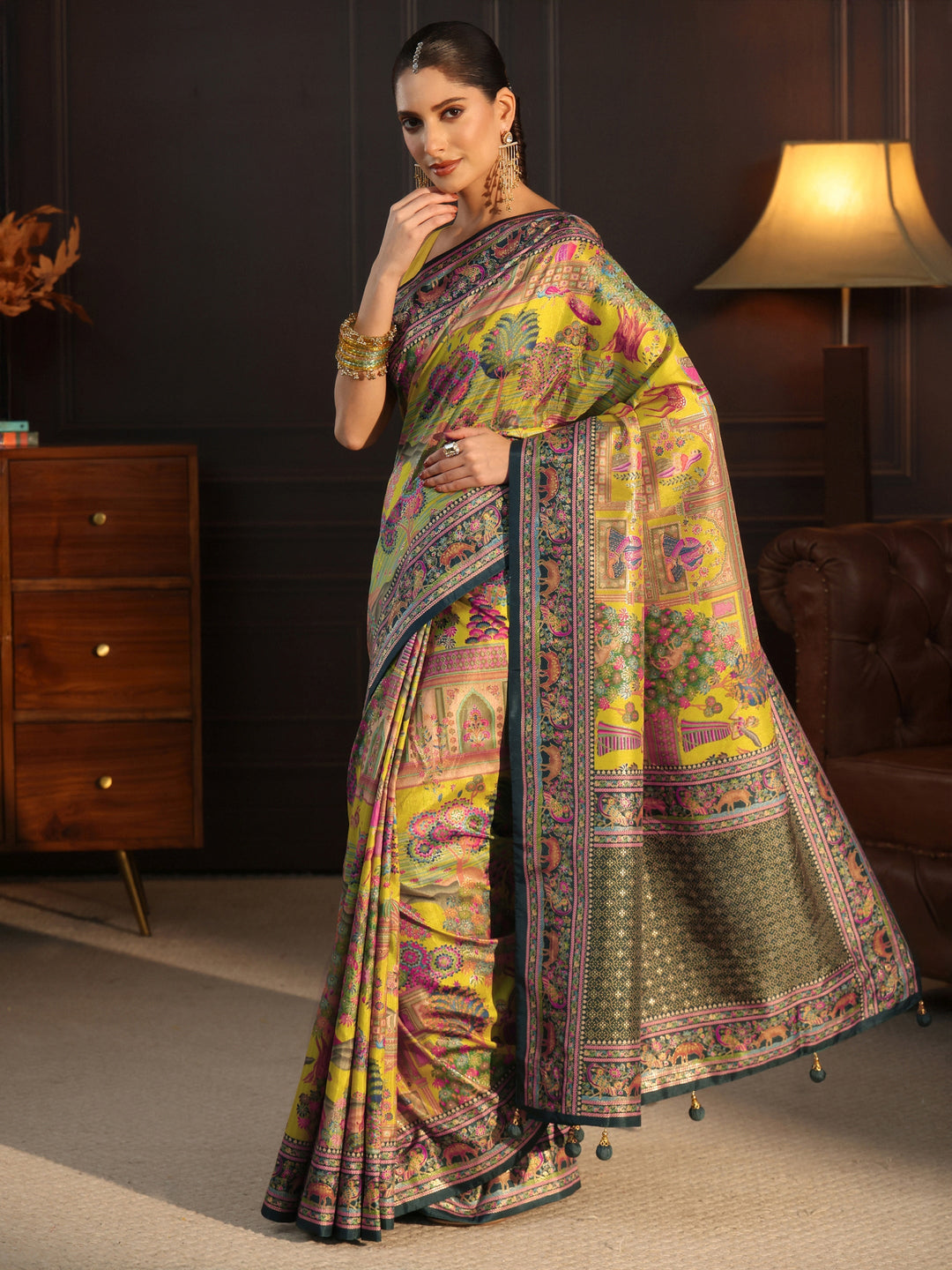  Libas Mustard and Green Mughal Printed Silk Blend Saree 