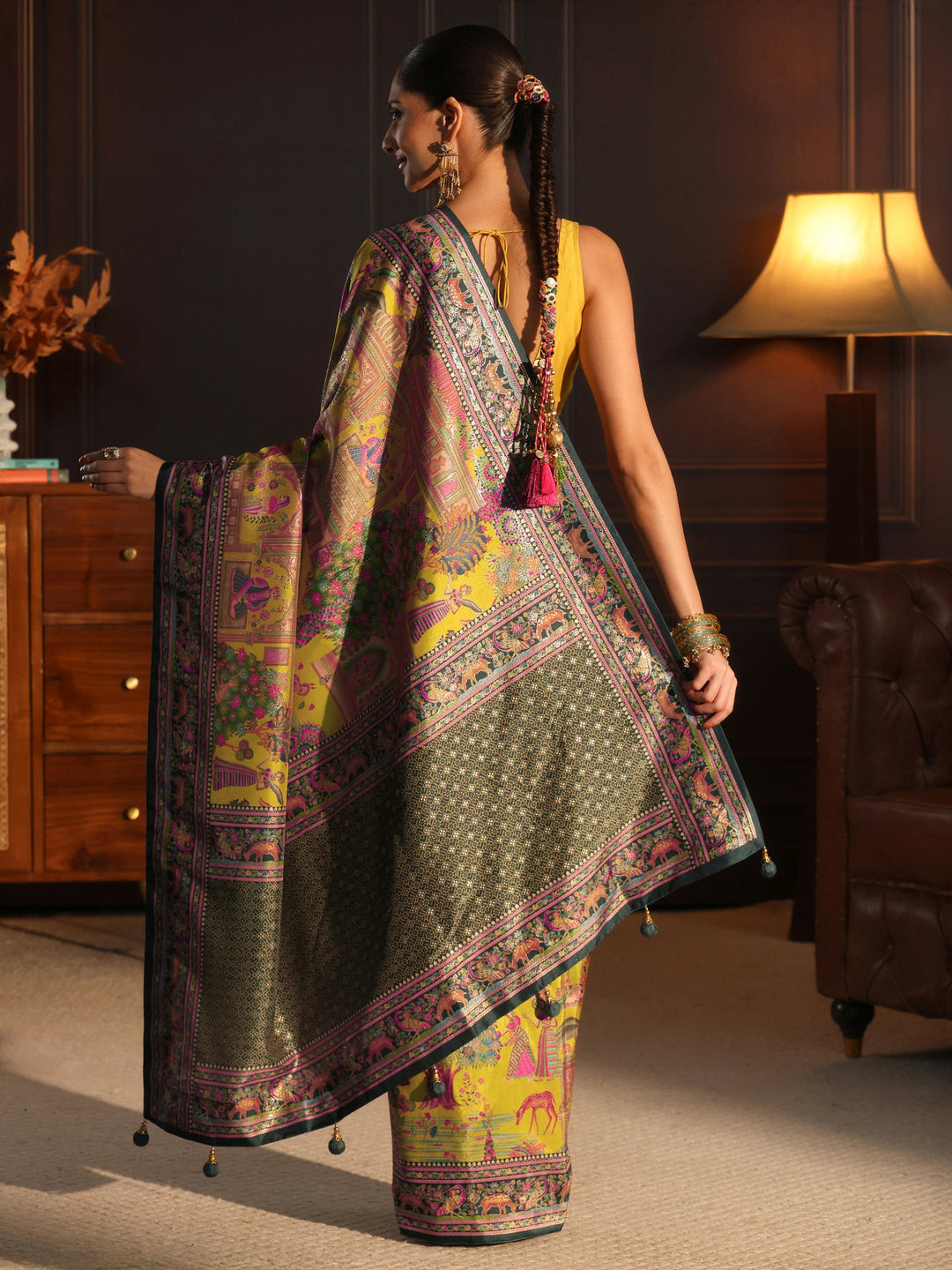  Libas Mustard and Green Mughal Printed Silk Blend Saree 