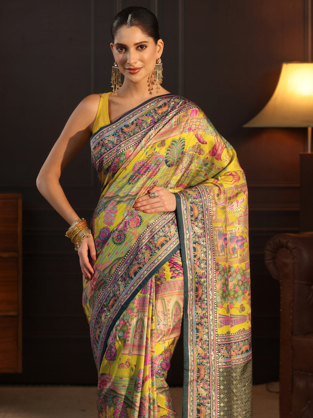  Libas Mustard and Green Mughal Printed Silk Blend Saree 