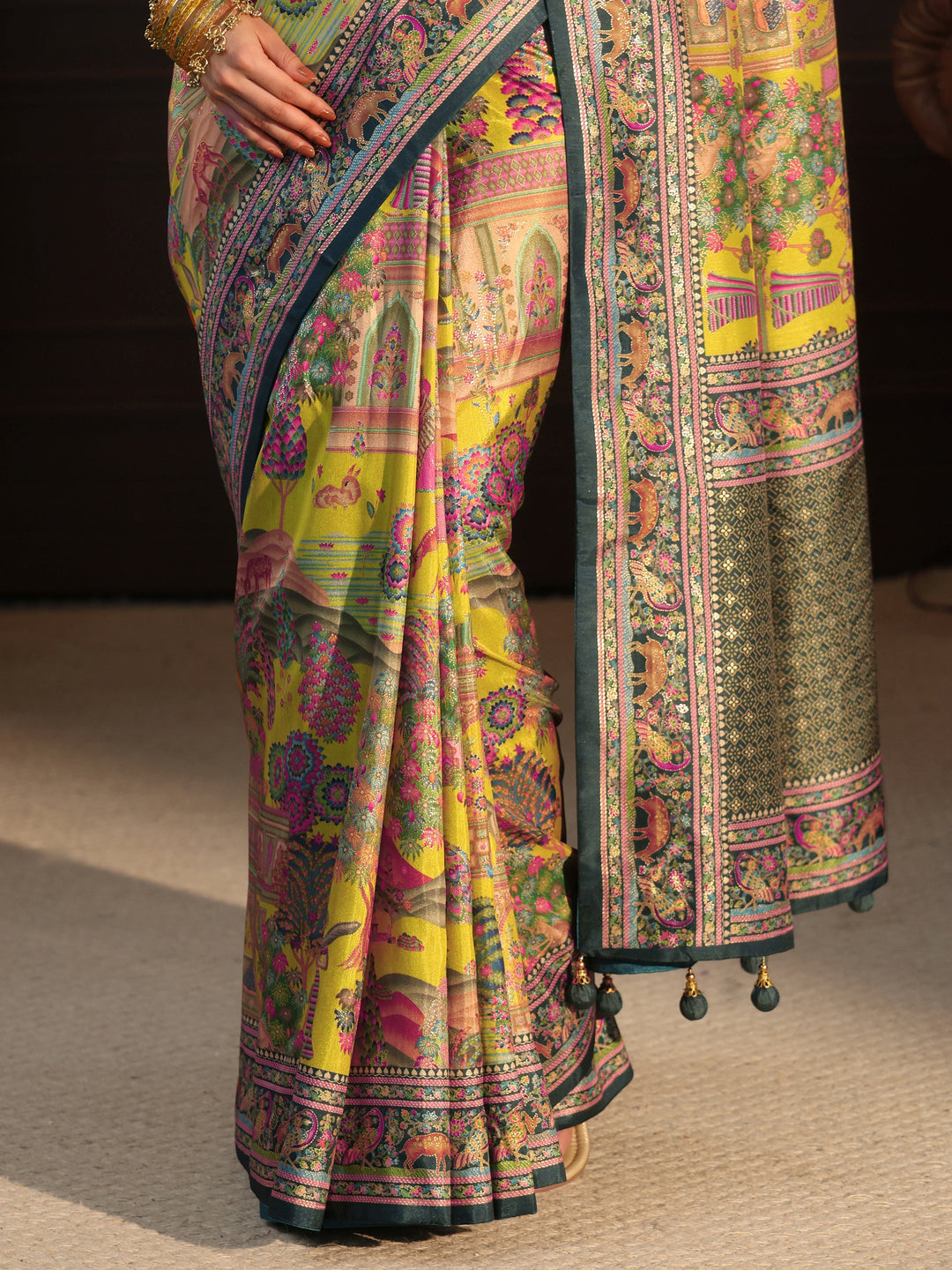  Libas Mustard and Green Mughal Printed Silk Blend Saree 