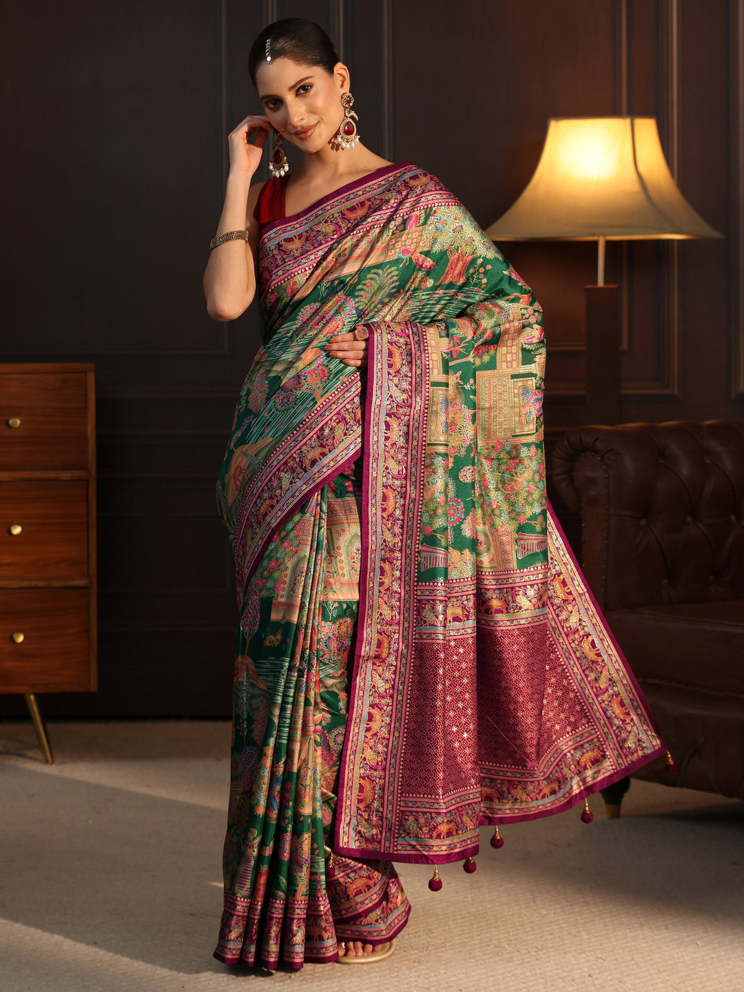  Libas Green and Maroon Mughal Printed Silk Blend Saree 