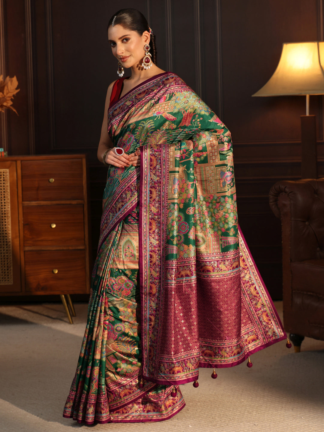  Libas Green and Maroon Mughal Printed Silk Blend Saree 