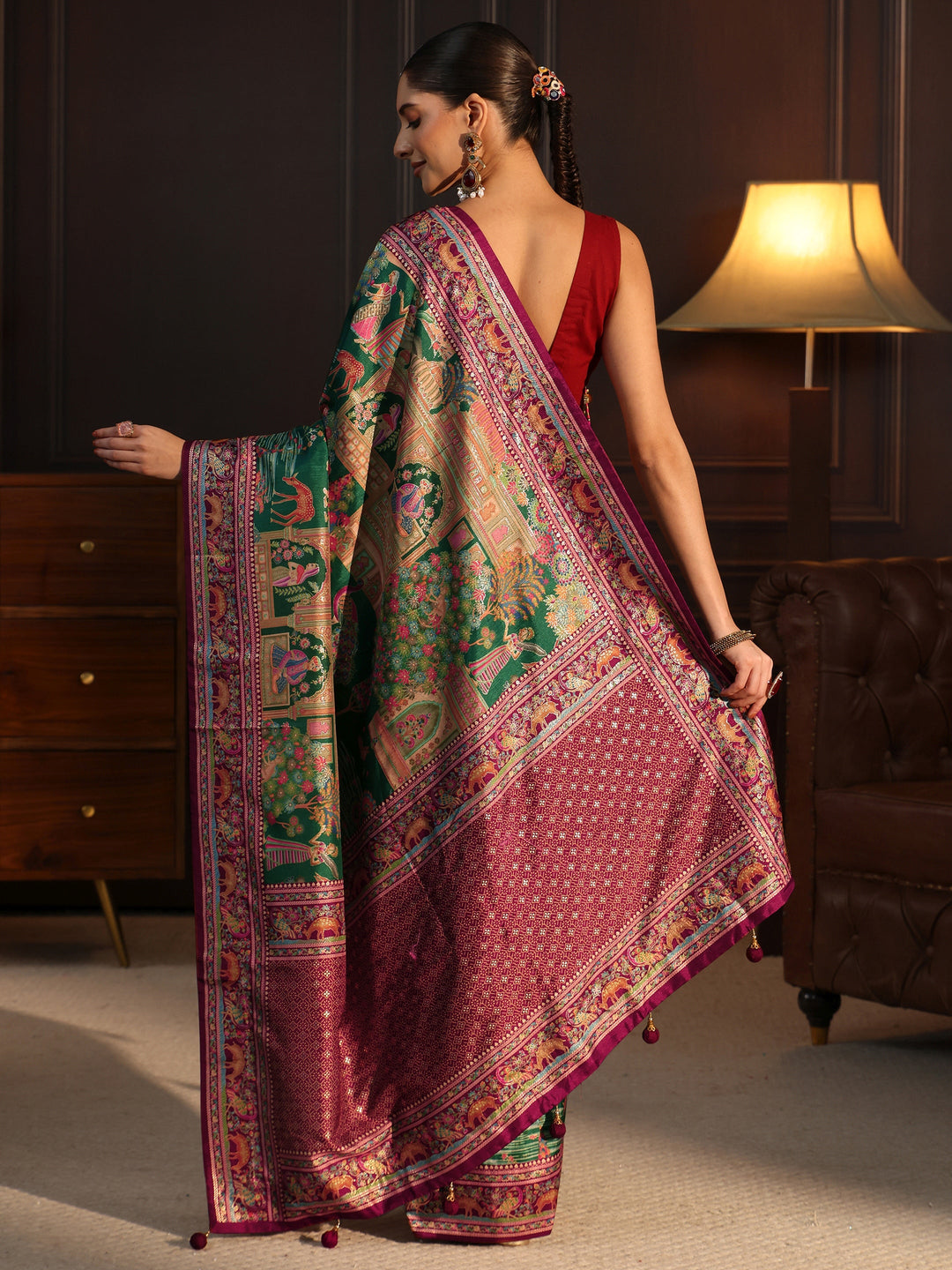  Libas Green and Maroon Mughal Printed Silk Blend Saree 