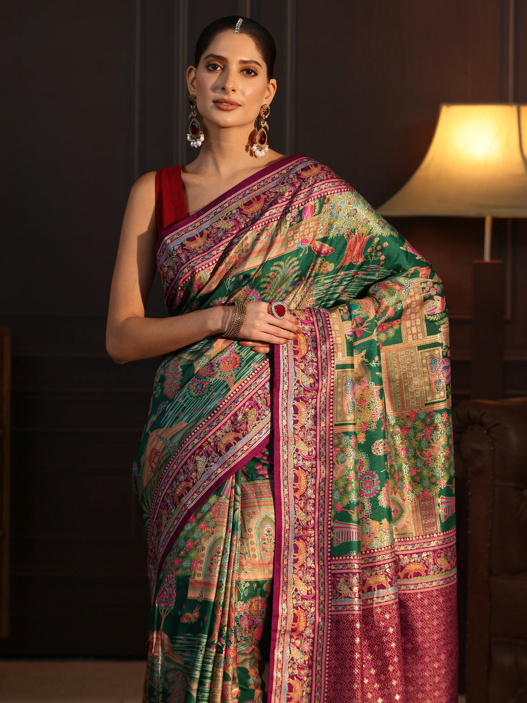  Libas Green and Maroon Mughal Printed Silk Blend Saree 