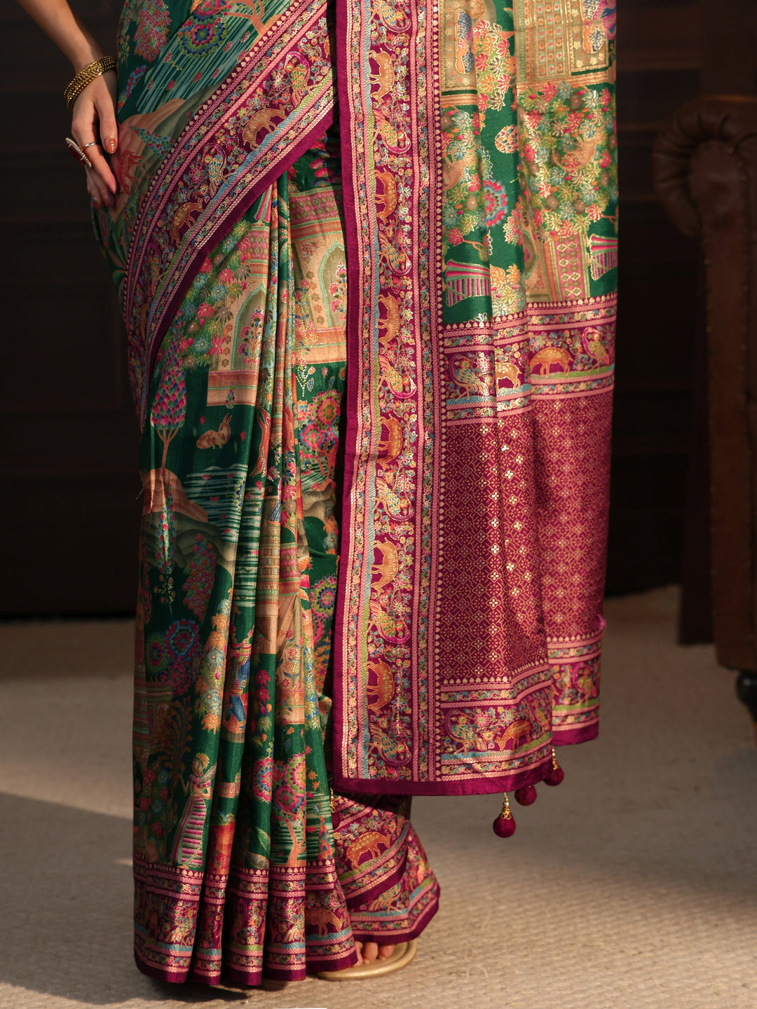  Libas Green and Maroon Mughal Printed Silk Blend Saree 