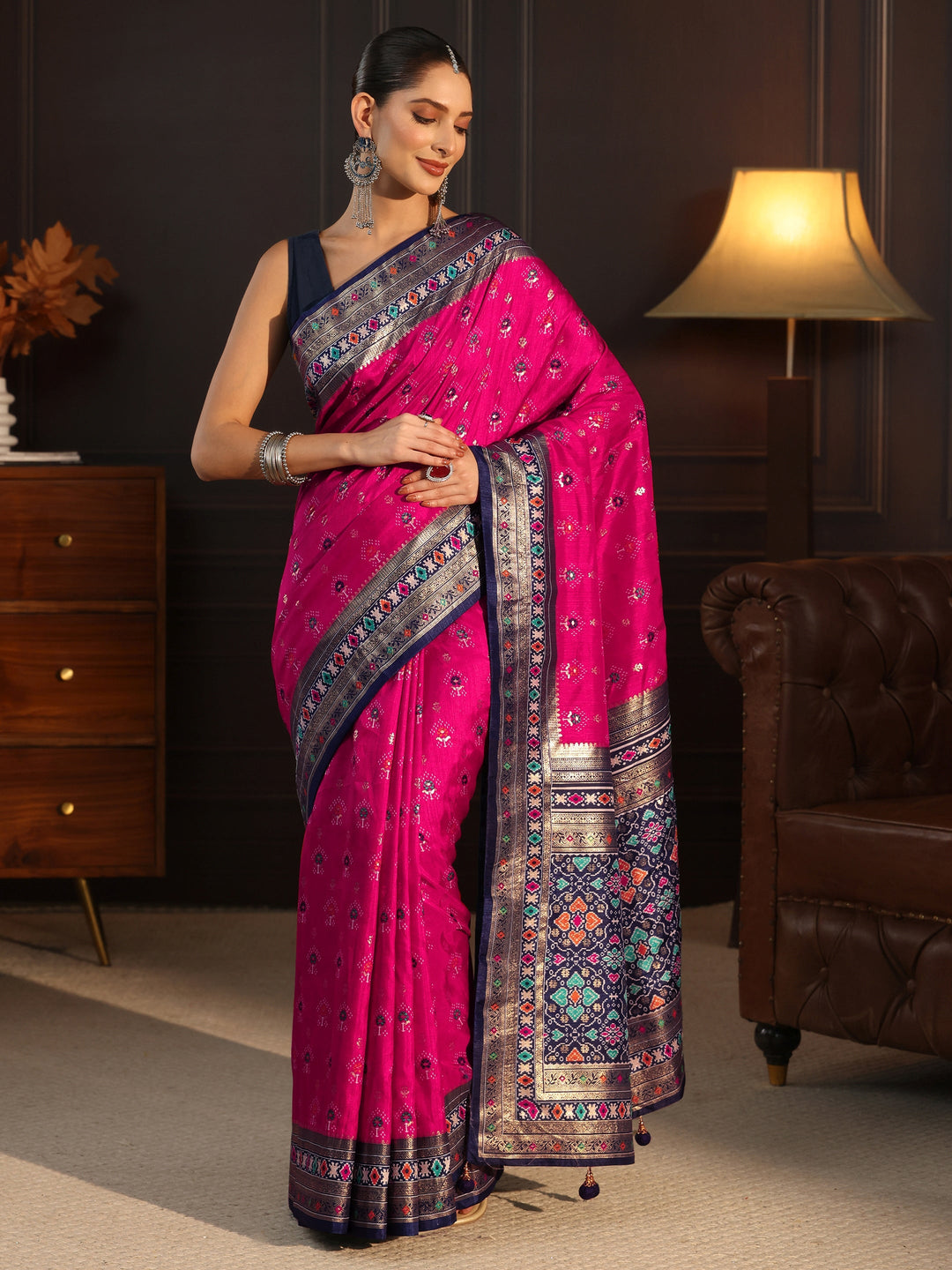  Libas Rani Pink and Navy Blue Ethnic Printed Silk Blend Saree 