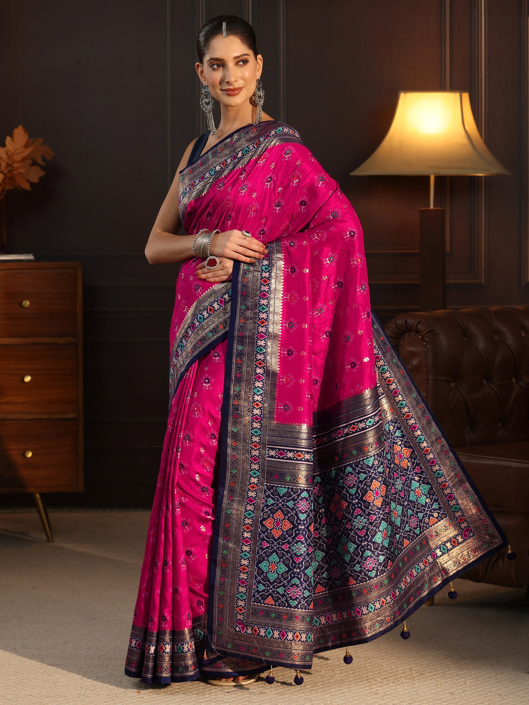 Libas Rani Pink and Navy Blue Ethnic Printed Silk Blend Saree 
