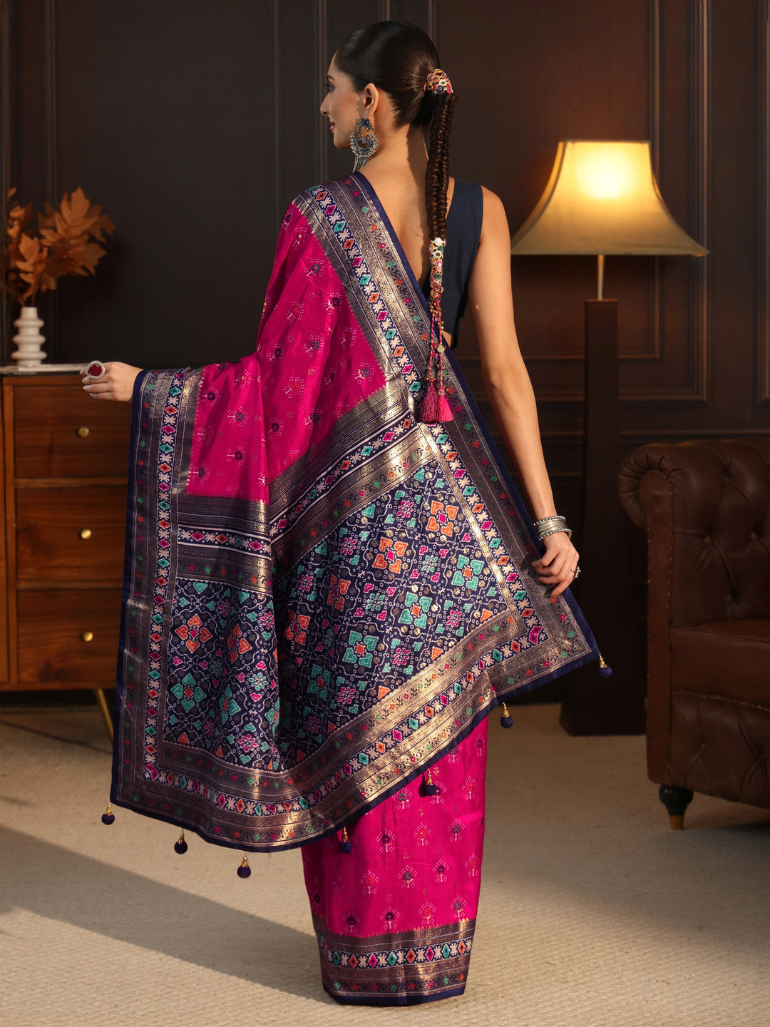  Libas Rani Pink and Navy Blue Ethnic Printed Silk Blend Saree 