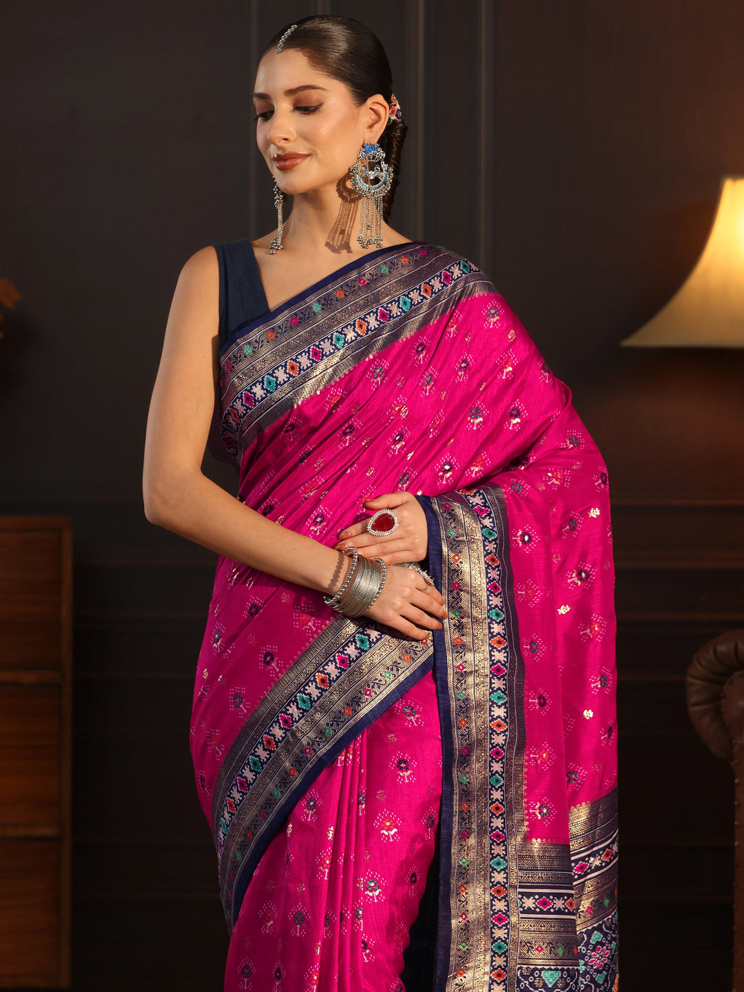  Libas Rani Pink and Navy Blue Ethnic Printed Silk Blend Saree 