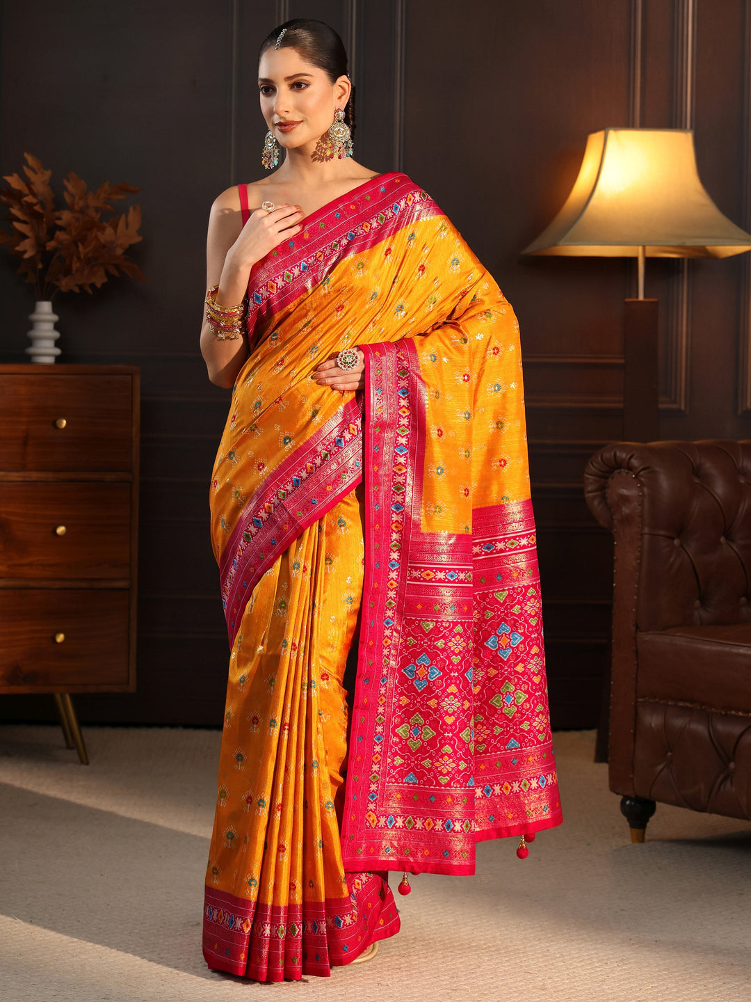  Libas Mustard and Pink Ethnic Printed Silk Blend Saree 