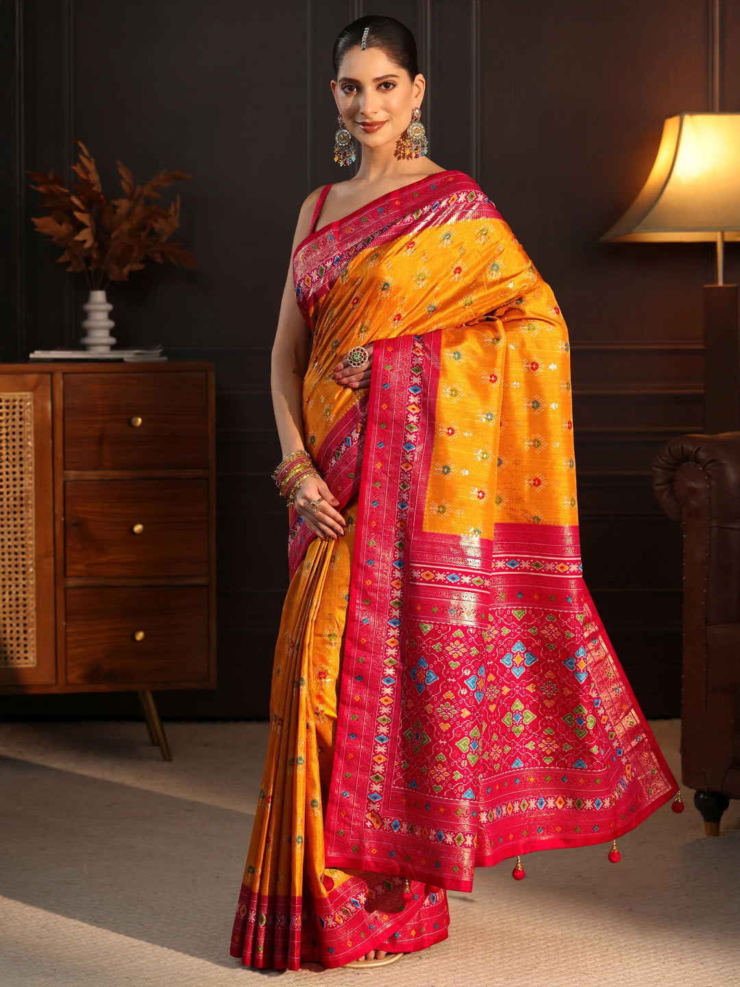  Libas Mustard and Pink Ethnic Printed Silk Blend Saree 