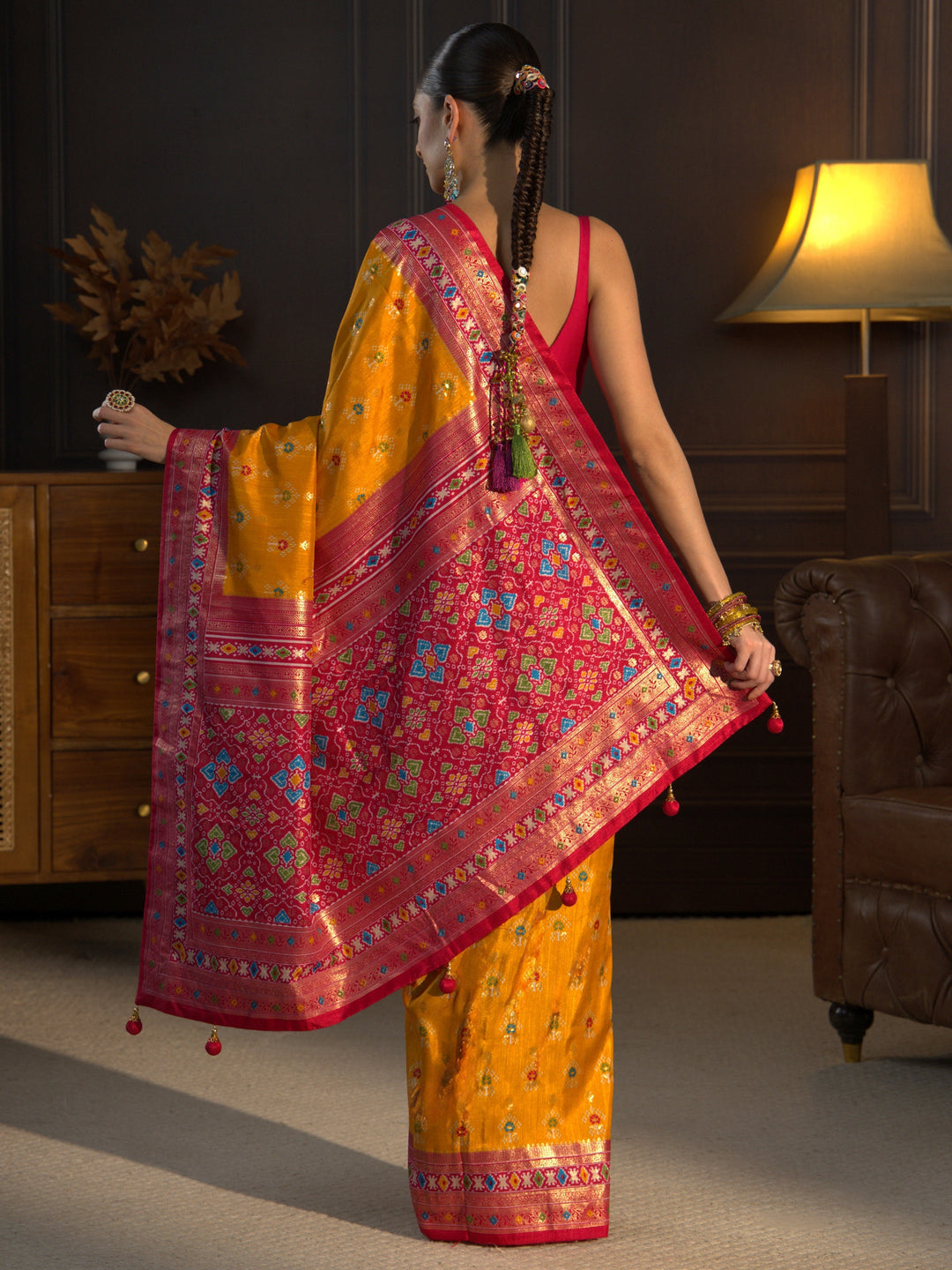  Libas Mustard and Pink Ethnic Printed Silk Blend Saree 